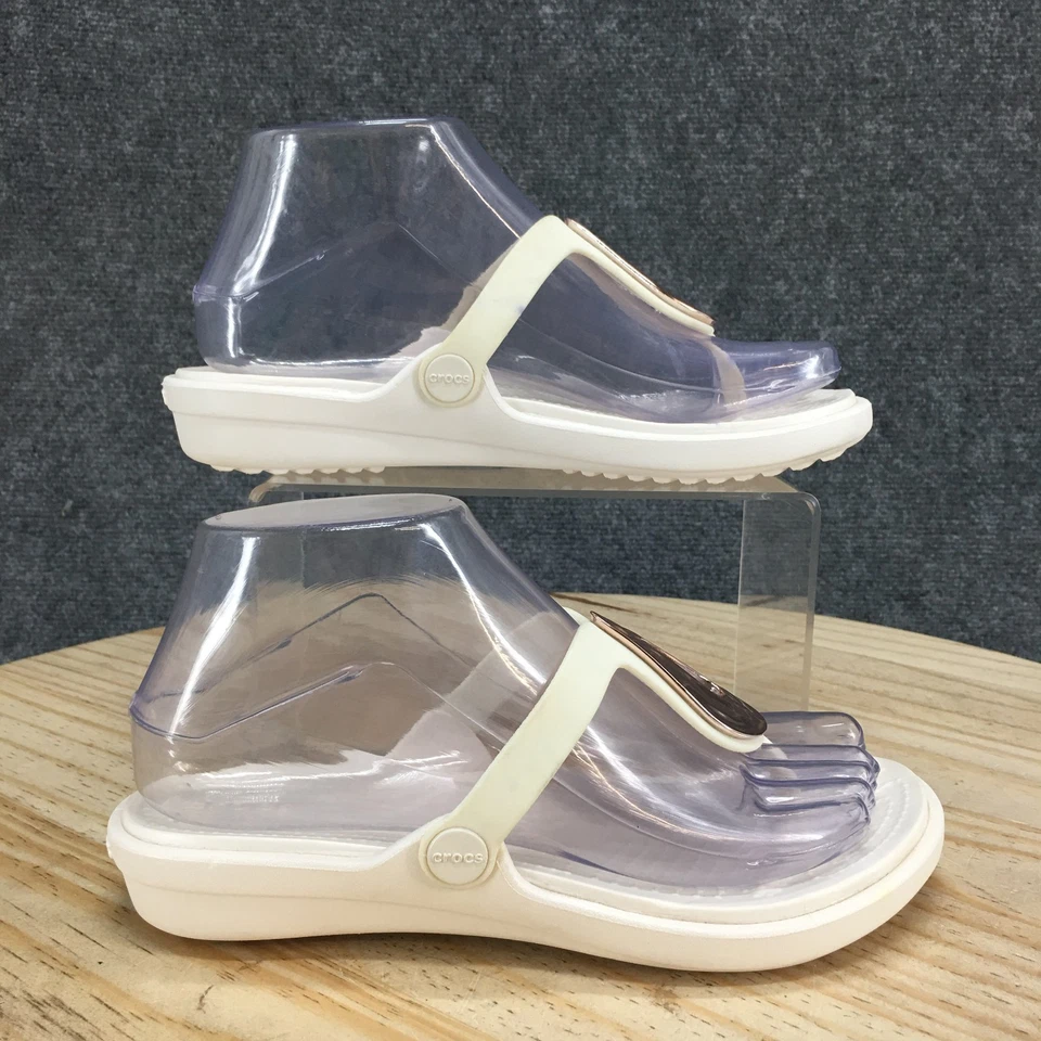 Sandalias Crocs para mujer 6 tangas blancas dobles cómodas sin cordones punta abierta informales planas Foto 1 de 4