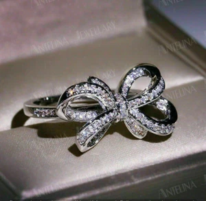 1.8Ct Simulated Round Cut Diamond Bow Party Wear Ring 925 Sterling Silver Plated - Picture 1 of 7