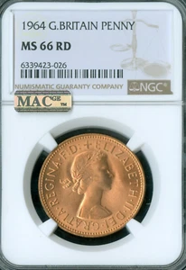 1966 GREAT BRITAIN PENNY NGC MS66 RD PQ MAC 2ND FINEST GRADE & SPOTLESS 1 FINEER - Picture 1 of 2