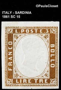 ITALY SARDINIA 1861 SC 15 KING VICTOR EMMANUEL II 3l BRONZE MINT HINGE MARK F/VF - Picture 1 of 2
