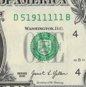Billete de dólar número uno serie elegante de seis de una clase 1 D51911111B cinco en fila - Imagen 1 de 12