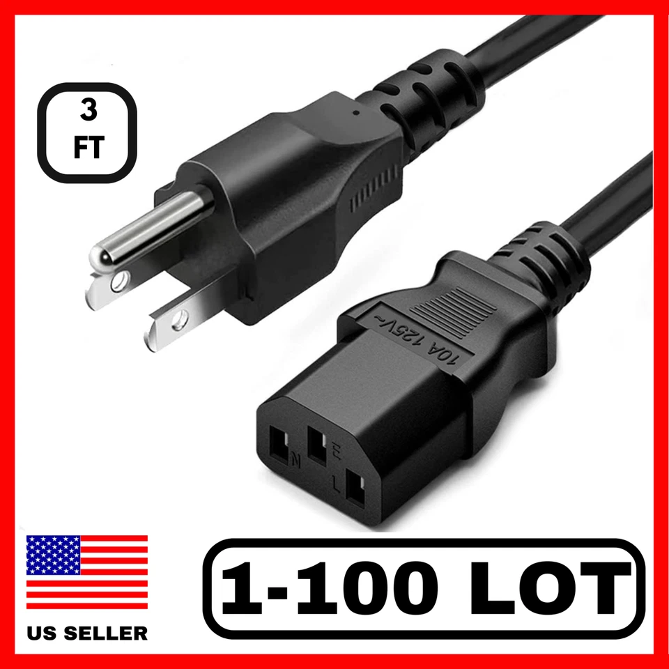 Lot 1-100 AC 3 Prong Universal Power Cord Short 3FT Cable For Desktop PC Xbox HP - Image 1 of 3