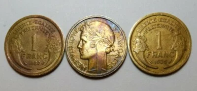 1937, 39 & 40, 1 Franc France a Lot of 3 Lower Mint Better Grade Value Coins-a - Image 1 of 4