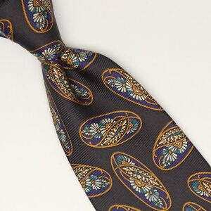 Coach Silk Necktie Gray Gold Blue White Purple Floral Oval Print Made in USA Tie
