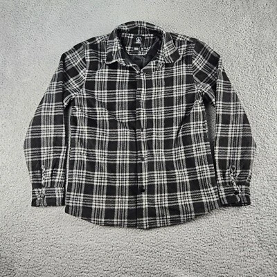 Volcom Shirt Mens Small Black White Plaid Long Sleeve Fleece Snap Closure - Image 1 of 4
