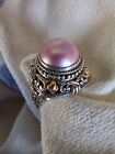 SIGNED ROBERT MANSE PINK MABE PEARL STERLING 18K GOLD HIGH DOME LADY RING sz9.75