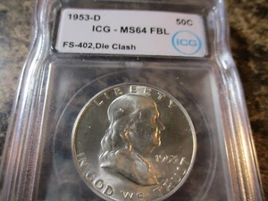 1953-D FRANKLIN HALF DOLLAR BUG'S BUNNY ICG MS64 FBL FS-402 DIE CLASH 403 - Picture 1 of 2
