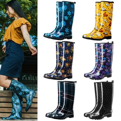 HISEA женщин моды напечатано дождя ботинки водонепроницаемый нескользящий глянцевый высокий Wellies - Изображение 1 из 4