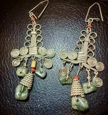 Handmade Silver Copper Wire With Faux Jade Stones 1 Of A Kind Earrings - Image 1 of 4