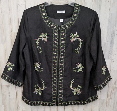 Chaqueta Dressbarn 100% Lino Mujer Plus 20W Negra Floral Bordada Cremallera Completa Foto 1 de 4