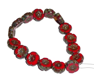 Cuentas de vidrio checo rojo rubí flor de hibisco con acabados Picasso y bronce 9 mm - Imagen 1 de 6