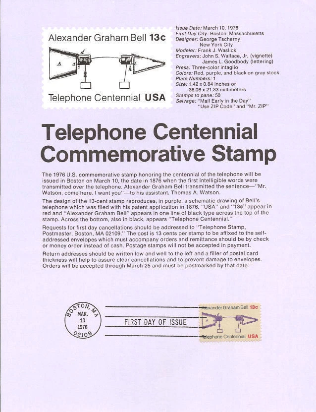 FDC. # 1683 13 cent Telephone Centennial   1976. USPS Souvenir Page Stamp - Image 1 of 1