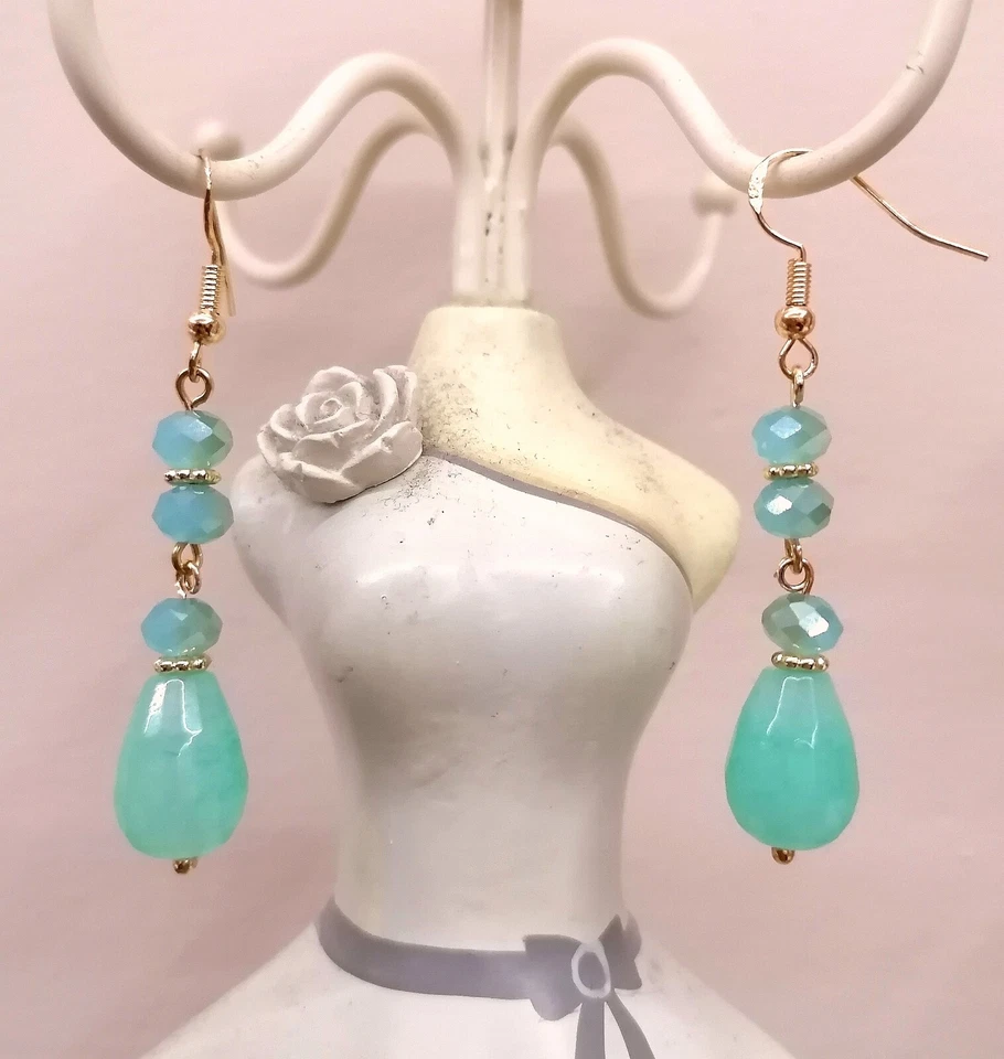 Orecchini Argento 925 Cristallo E goccia Calcedonio Verde Acqua - Immagine 1 di 1