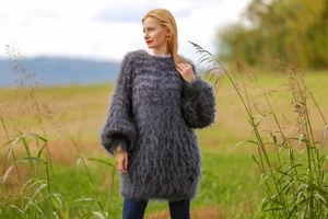 SuperTanya gray fuzzy mohair sweater dress slouchy hand knit oversized tunic - Picture 1 of 9