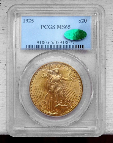 1925 $20 Gold St. Gaudens MS65 with CAC varification Cover