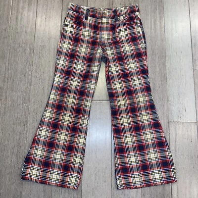 Vtg Sears Bell Bottom Pants Toughskins 60s 70s Plaid Girls 10.5 Youth Kids 28 25 - Image 1 of 4