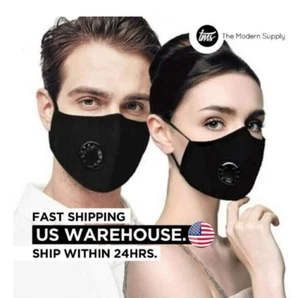 2-Pack Black Cotton Adult Face Mask Breathable Vent anti fog Reusable washable - Picture 1 of 15