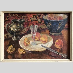 Old USSR OIL Hand PAINTING/Rjumka, Knife, Plate, Peach/Still life Realism SIGNED - Picture 1 of 5