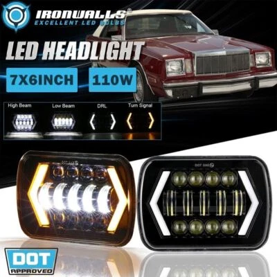 For 1980-1983 Chrysler Cordoba Pair 7x6" LED Headlights DRL Hi/Lo Turn Signal - Image 1 of 4