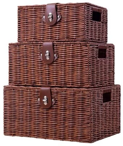 Set of 3 Woven Wicker Storage Basket Box with Lid & Lock, Built-in Natural - Picture 1 of 9