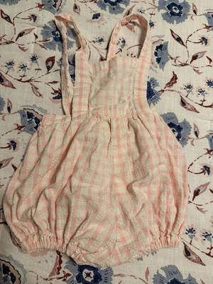Adorable vintage pink and white checkered cotton romper with adjustable straps - Image 1 of 4