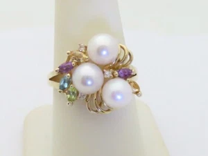 14k Gold Pearl Gemstone Rings Marquise Diamond Vintage Jewelry June US 8 R1539 - Picture 1 of 10