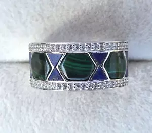 Men's Lapis/ Malachite/ Zircon 0.45ctw Rhodium Over Sterling Silver Ring, Sz 9.5 - Picture 1 of 9