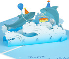 Carte d'anniversaire pop-up - carte pop-up 3D requins avec chapeaux d'anniversaire - 5,9 pouces X 7,9 