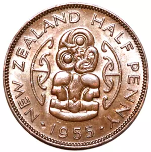 New Zealand 1955 1/2 penny,Hei Tiki Queen Elizabeth II,KEY DATE-Foreign Coin25mm - Picture 1 of 2