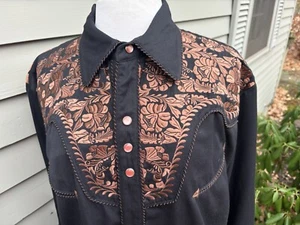 Scully Tooled Stitch Embroidered Gunfighter Shirt Pearl Snap Western Sz L - Picture 1 of 6
