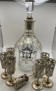Sterling Silver Liquor 3-Sided Bottle & 6 Shot Glasses 7 Sterling Holders - Picture 1 of 7