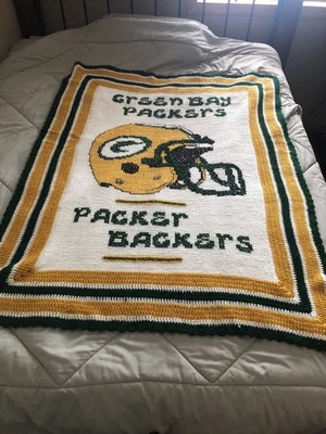 Manta afgana de ganchillo tejida a mano Green Bay Packers 40" x 52" usada en excelente estado Foto 1 de 4