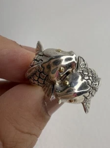 Double Koi Fish Bypass 925 Sterling Silver & 18K Gold Eyes Ring Sz 7 - Picture 1 of 9