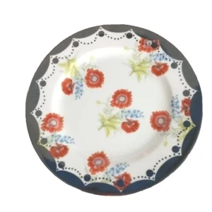 New Anthropologie Red & Blue Floral Design Silver Rim Dessert plate 8" Excellent - Picture 1 of 6