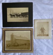 3 Photos Of Farm Workers, Man With Bike,  Sheely Bros Horses W/ Man Sled