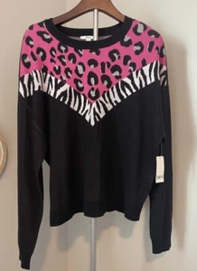 Maglione donna Bar III rosa nero bianco stampa animalier taglia L misto cotone nuovo con etichetta - Foto 1 di 11