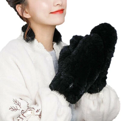 Women Real Rex Rabbit Fur Gloves Winter Mittens High Elastic Double Sides Woven - Image 1 of 4