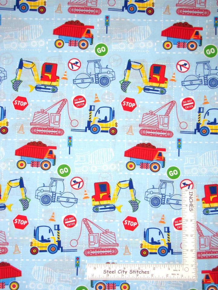 Camión de construcción horquilla topadora azul tela de algodón Santee novedad por yarda Foto 1 de 1