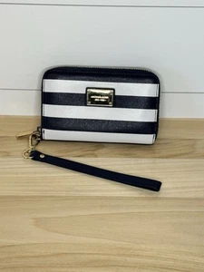 Portafoglio pochette Michael KORS da polso blu navy nautico a righe in pelle con zip intorno CE - Foto 1 di 16