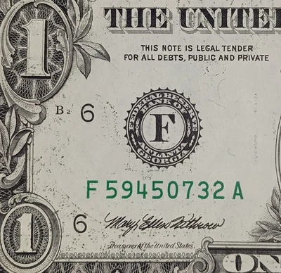 F59450732A $1 Wet Ink Transfer Error One Dollar Bill 1995 Note - Image 1 of 4
