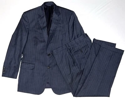 BROOKS BROTHERS Regent Dark Blue w/Light Blue Pinstripe Track Stripe Suit 41R - Image 1 of 4