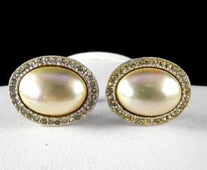 Vintage Faux Pearl & Crystal Elegant CUFFLINKS Silver Tone Links 60's Estate - Picture 1 of 7