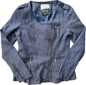 Kensie Damen Jacke Gr. S Baumwolle Leinen blau Chambray asymmetrisch Reißverschluss Rüschen - Bild 1 von 8