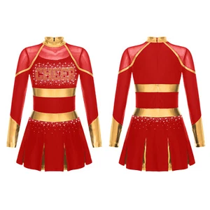 Kids Girls Cheerleading Dance Pleated Dress Color Patchwork Long Sleeve Costume  - Picture 1 of 59
