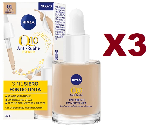 3 PZ NIVEA Q10 ANTIRUGHE POWER 3IN1 SIERO FONDOTINTA 01 LIGHT MEDIUM  VISO 30ML - Image 1 of 4