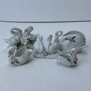 Lot of 5 Vintage Swan Figurines White Pink Flowers Trinkets Gold Trim - Picture 1 of 24