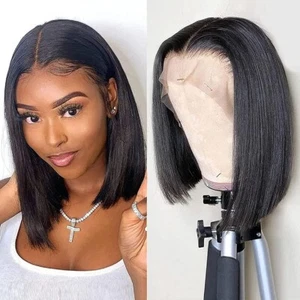 12inch Straight Short Bob Wig Human Hair Lace Front Wig 4x4 Lace Closure Wigs - Picture 1 of 8