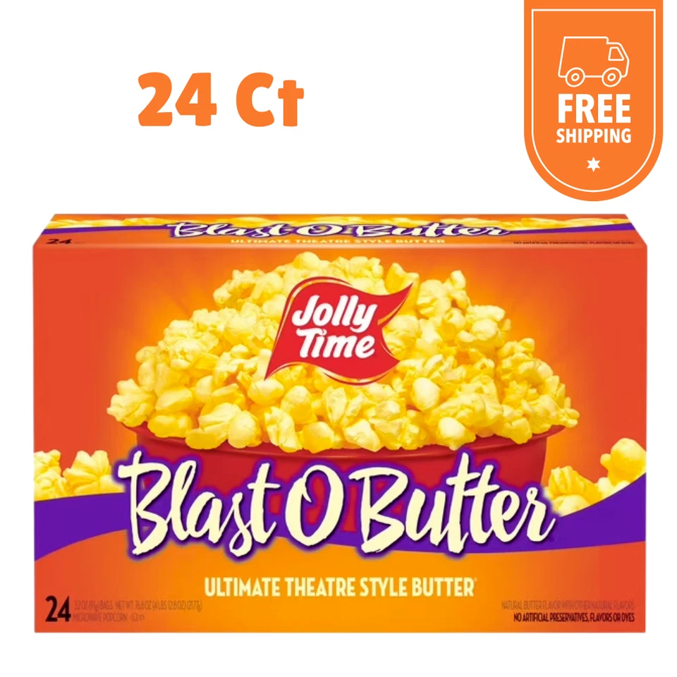JOLLY TIME Blast O 黄油微波炉爆米花,24 克拉(3.2 盎司) 包)无麸质 — 第 1/1 张图片