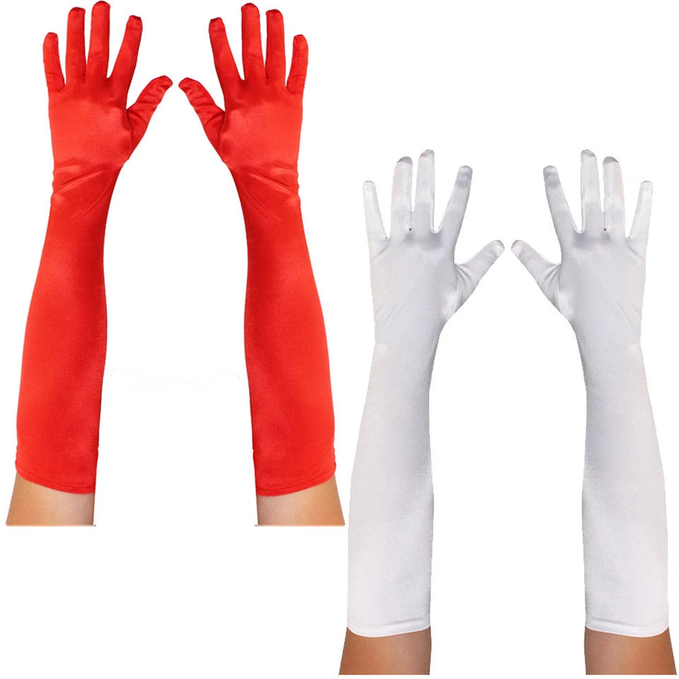 ADULTS LONG RED WHITE ELBOW GLOVES CHRISTMAS XMAS LADIES 1920S SATIN FANCY DRESS