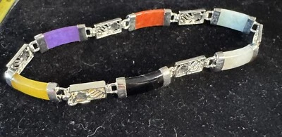 Винтажный браслет из серебра 925 пробы с разноцветными нефритовыми камнями колибри птиц 7,25 дюйма - Изображение 1 из 4